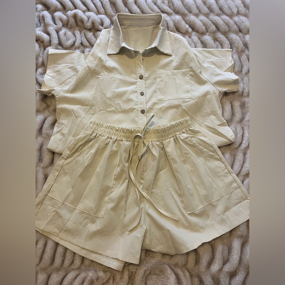 SHEIN Cream Linen Look Button-Up Shirt and Shorts Set
